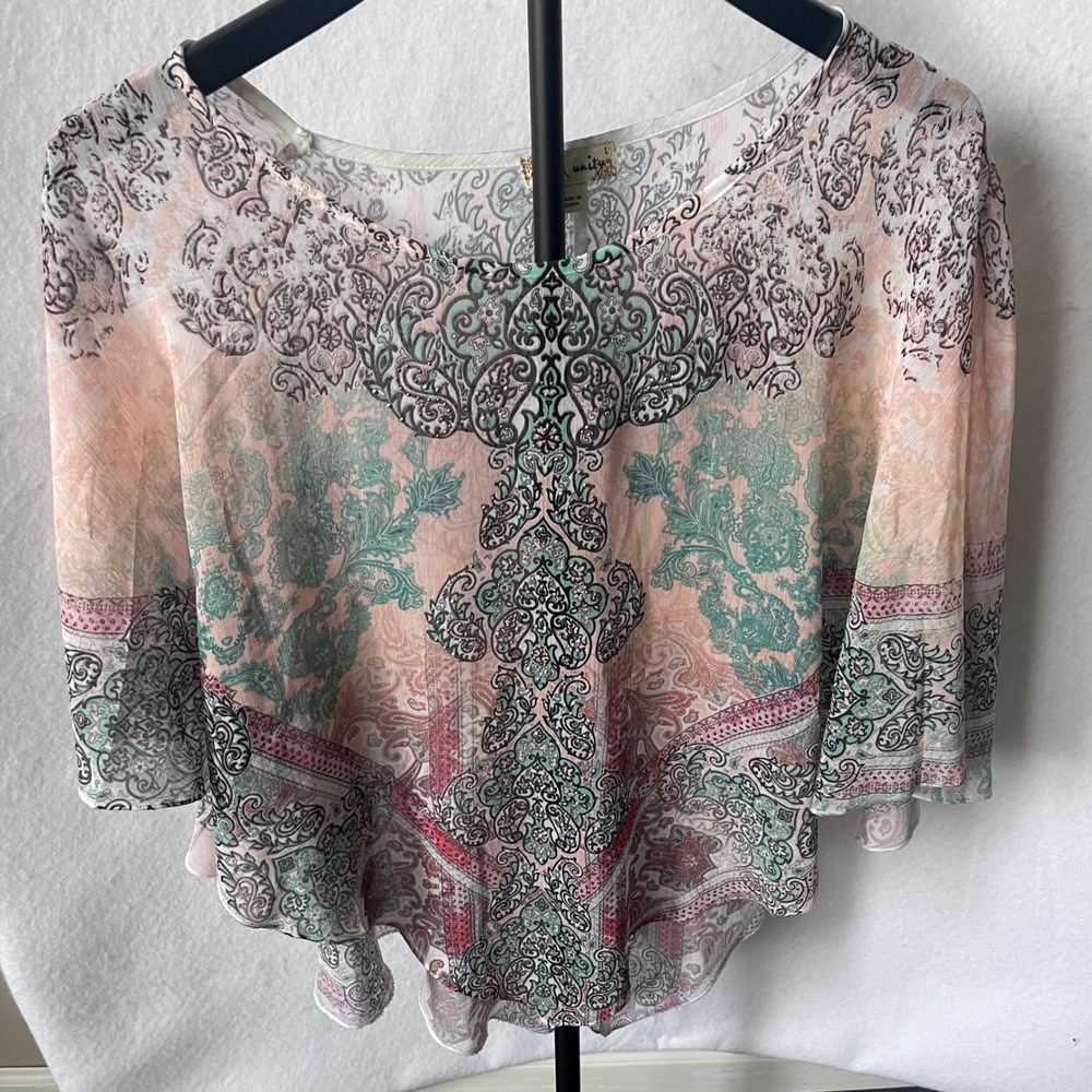 World Unity Womens Peach Green Paisley Chiffon Poncho Blouse Top Large Boho